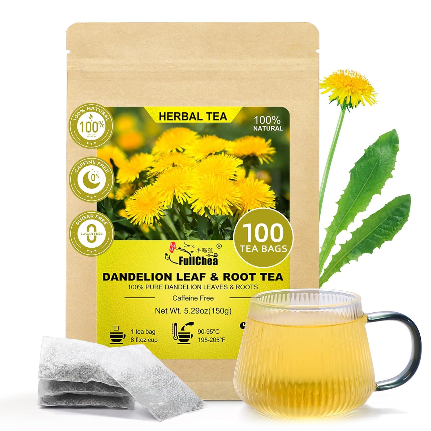 FullChea - Dandelion Leaf & Root Tea Bags, 100 Teabags, 1.5g/bag - Natural Dandelion Herbal Tea for Liver & Kidney Health - Non-GMO - Caffeine-free - Support Digestion & Boost Immune System