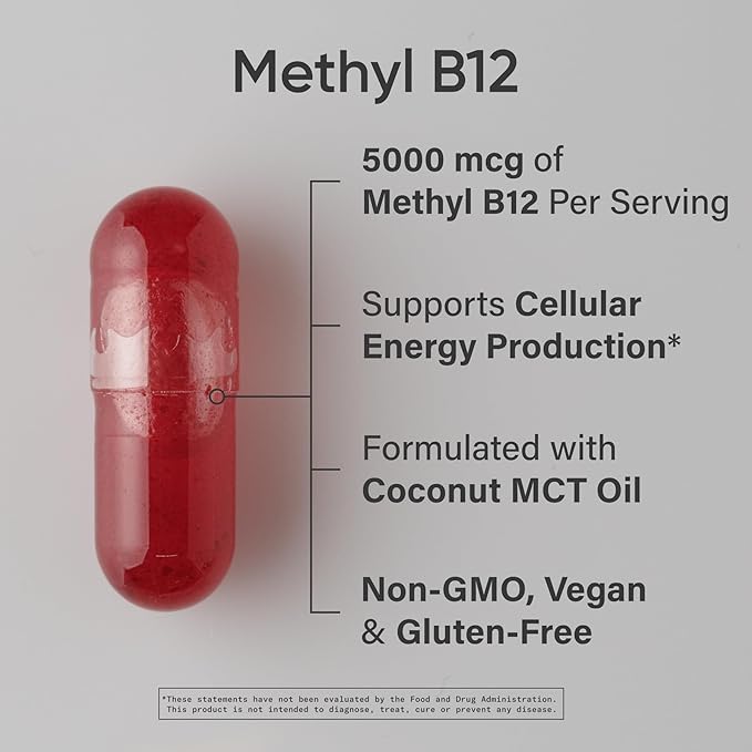 Sports Research® Vitamin B12 as Methylcobalamin 5000mcg - High Potency Vegan B12 w/Coconut MCT Oil for Energy Metabolism Support - Vegan Certified · Non-GMO · Gluten Free - 120 Liquid Caps