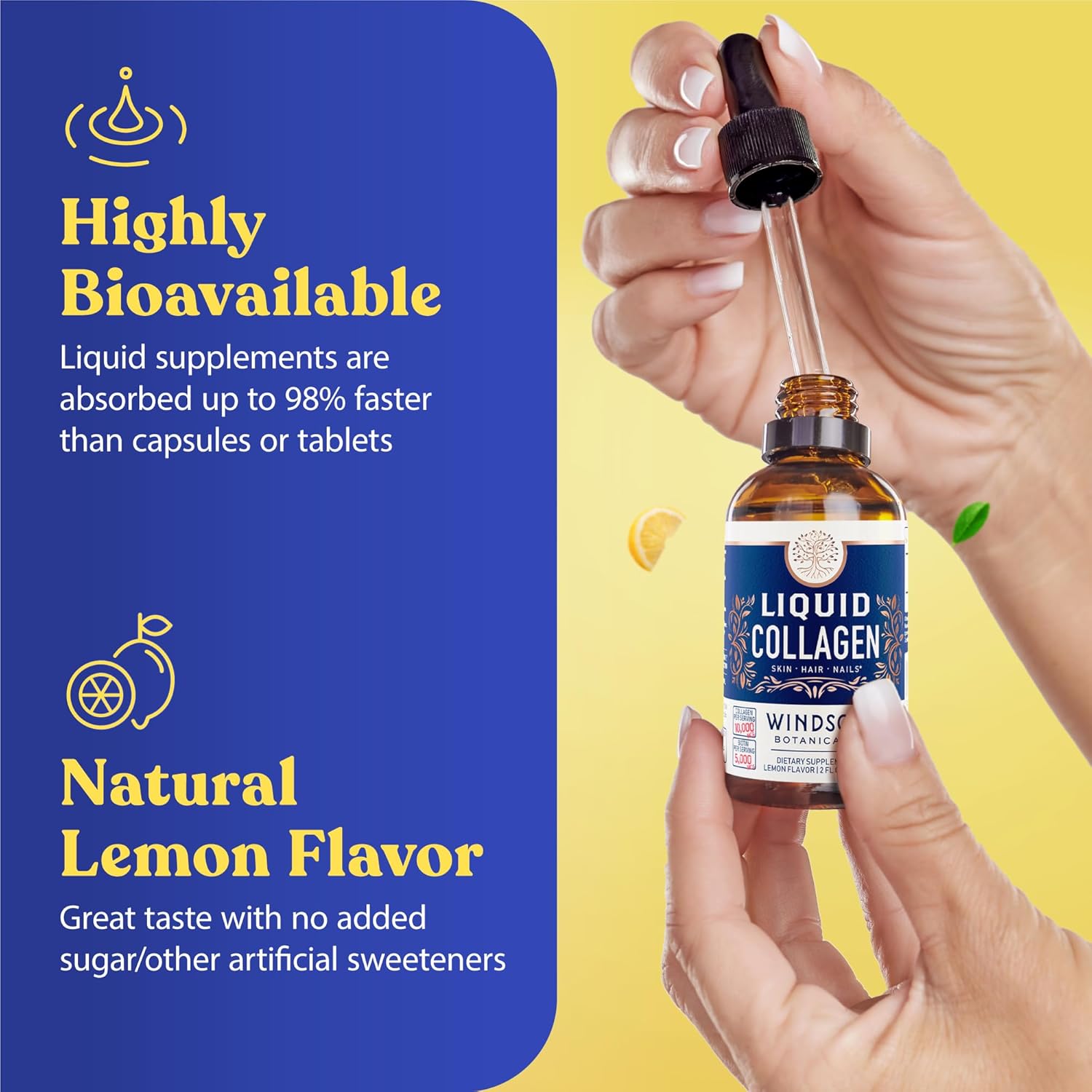 WINDSOR BOTANICALS Liquid Collagen for Women and Men - Hair, Skin, Nails Vitamins - Lemon Flavor Collagen Peptides Hair Growth Drink - 5,000mcg Biotin, 10,000mcg - US Made - 2x2oz