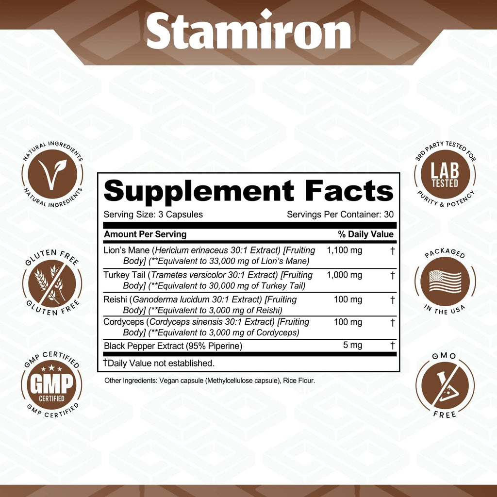 Stamiron Lions Mane Supplement Turkey Tail Mushroom Capsules with Cordyceps Extract & Reishi Mushrooms - Alt to Mushroom Gummies, Mushroom Powder, Mushroom Coffee - 90 Count