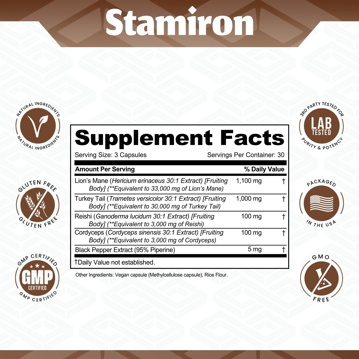 Stamiron Lions Mane Supplement Turkey Tail Mushroom Capsules with Cordyceps Extract & Reishi Mushrooms - Alt to Mushroom Gummies, Mushroom Powder, Mushroom Coffee - 90 Count