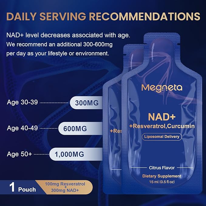Liposomal NAD+ Supplement with Resveratrol, Anti-Aging, Energy Boost & Cellular Health Support, 15.2 fl. oz NAD Liquid for Men & Women (30 Pouch)