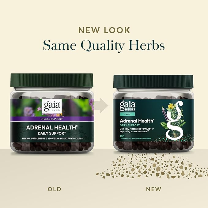 Gaia Herbs Adrenal Health Daily Support - Herbal Supplement with Ashwagandha, Holy Basil & Schisandra - Help Maintain Healthy Energy & Stress Levels* - 180 Vegan Liquid Phyto-Caps (90 Servings)