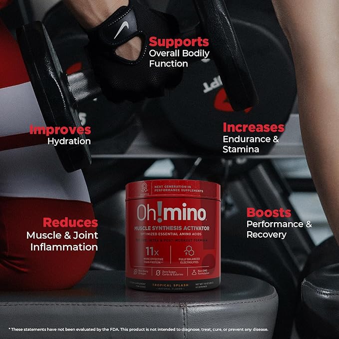 Oh!mino Essential Amino Acids Supplement Drink Powder, Tropical Splash, Cafeeinated Powder, All 9 EAAs, BCAAs and The Perfect Amino for Workouts, Amino Energy, and to Build Muscle, and Recover Faster