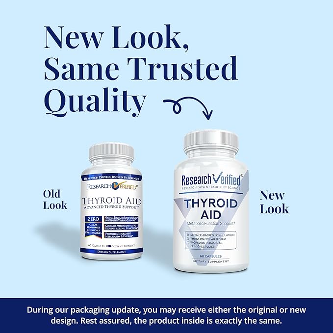 Research Verified® Thyroid Aid - Optimal Thyroid Function with Iodine, Copper & Zinc - 260 mcg Selenium - 100% Pure - Vegan Friendly - 60 Capsules Per Bottle - 6 Bottles