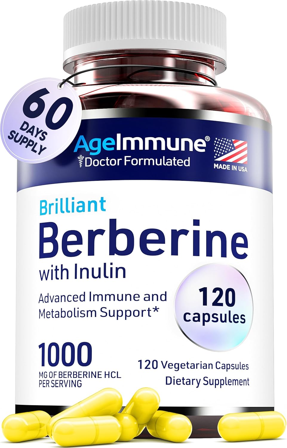 Berberine 1000mg Supplement Complex with Inulin Prebiotic - Each Capsule Contains Berberine 500mg - Doctor Formulated Supplements for High Absorption.