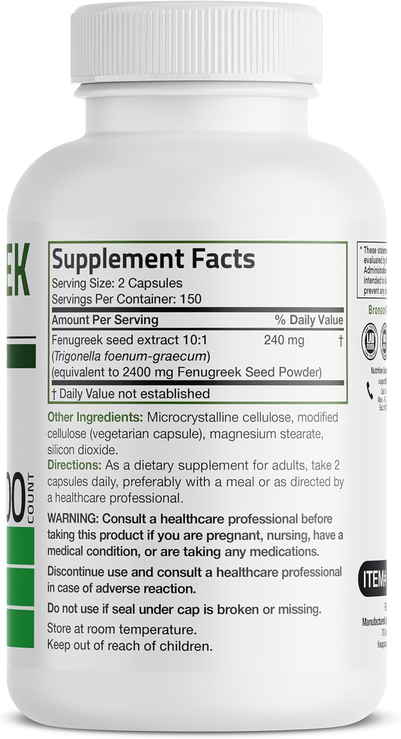 Bronson Fenugreek Seed Powder Capsules Extra Strength, Trigonella Foenum-Graecum, Non-GMO, Soy-Free, Vegetarian, 300 Capsules