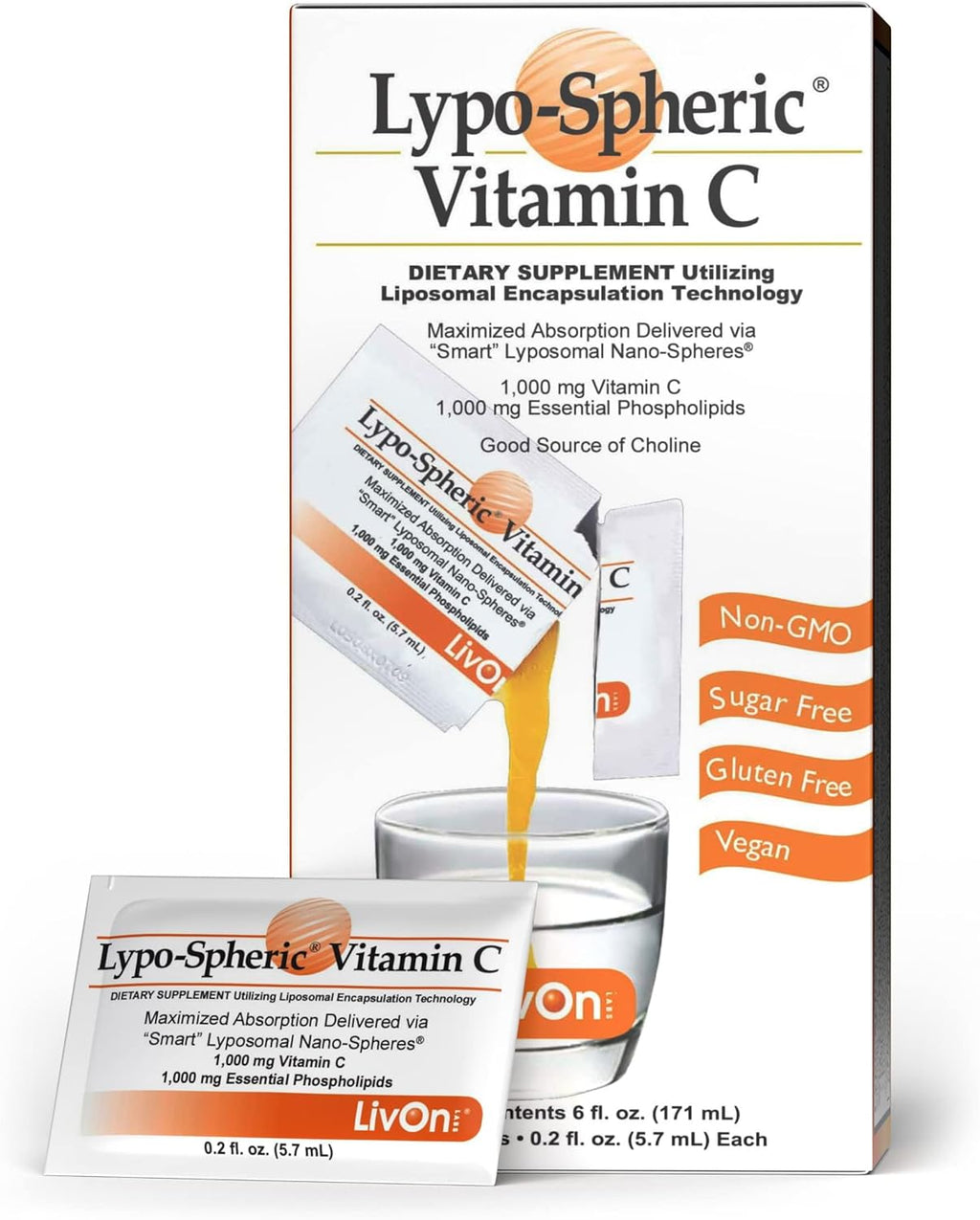 LivOn Laboratories Lypo–Spheric Liposomal Vitamin C 1000mg - No Sugar, Immune Support, Plant Based - Easy to Swallow, Absorbable, Individual Packets - Non–GMO, Gluten Free(0.2floz30 Packets)