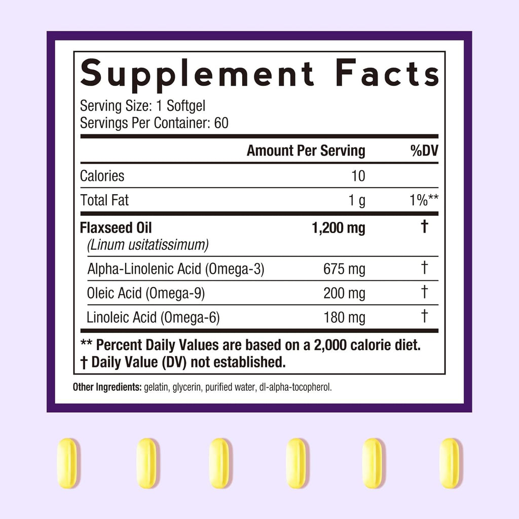 Doctor's Recipes Flaxseed Oil, 1200 mg, Freshly Cold Pressed, High in ALA, Omega 3 6 9, No Gluten, No Soy, for Heart Health, Non GMO, 60 Softgels