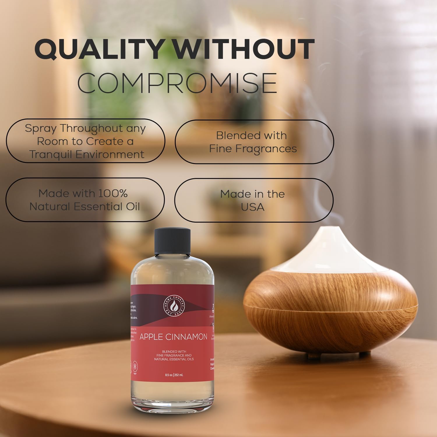 Aroma Country Apple Cinnamon Diffuser Oil - Luxury Essential Oils for Diffuser Refill & Air Freshener Room Spray - Long-Lasting & Natural Home Fragrance, Apple Cinnamon Scented Oil (8.5 Fl. oz)