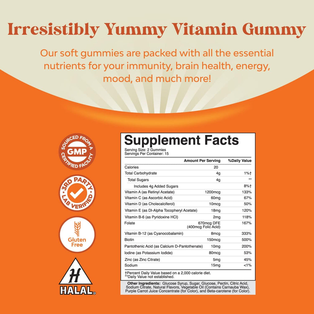 Potent Daily Multivitamin Gummies for Adults - Wellness Blend of Vitamin D A C E B12 Zinc and Biotin - Adult Vitamin Gummy for Energy and Immunity - Non-GMO Gluten Free and Halal Gummies 30 Count