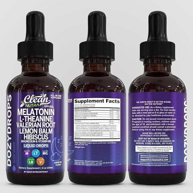 Clean Nutra Melatonin 10mg Drops Magnesium Vitamin B6 L-Theanine Valerian Hibiscus Lemon Balm Supplement Liquid Sugar-Free Vegan Non-GMO Natural Sleep Support Aid Lemon Tea Flavor 120mL Formula