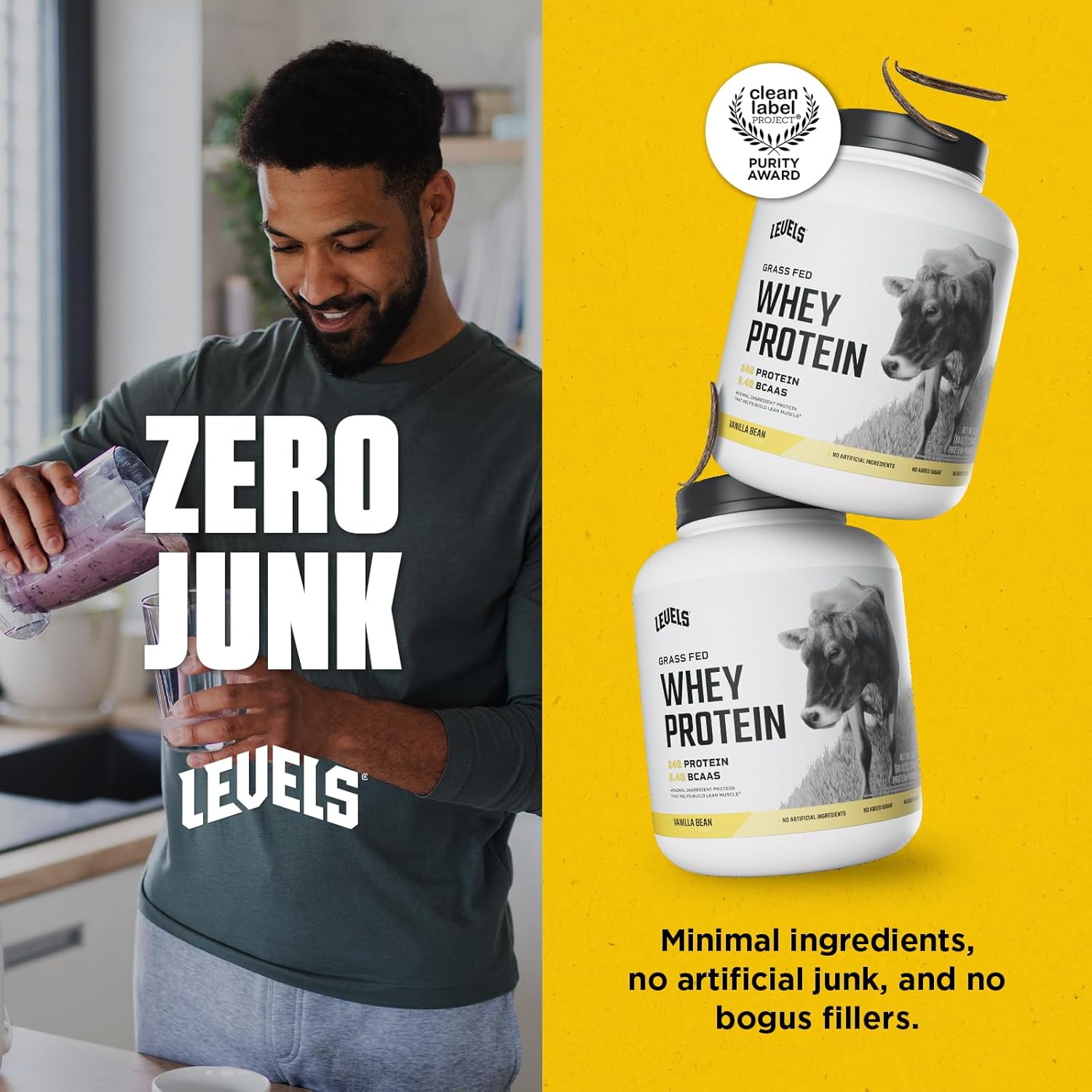 Levels Grass Fed Whey Protein Powder, No Artificials, 24G of Protein, Vanilla Bean, 5LB