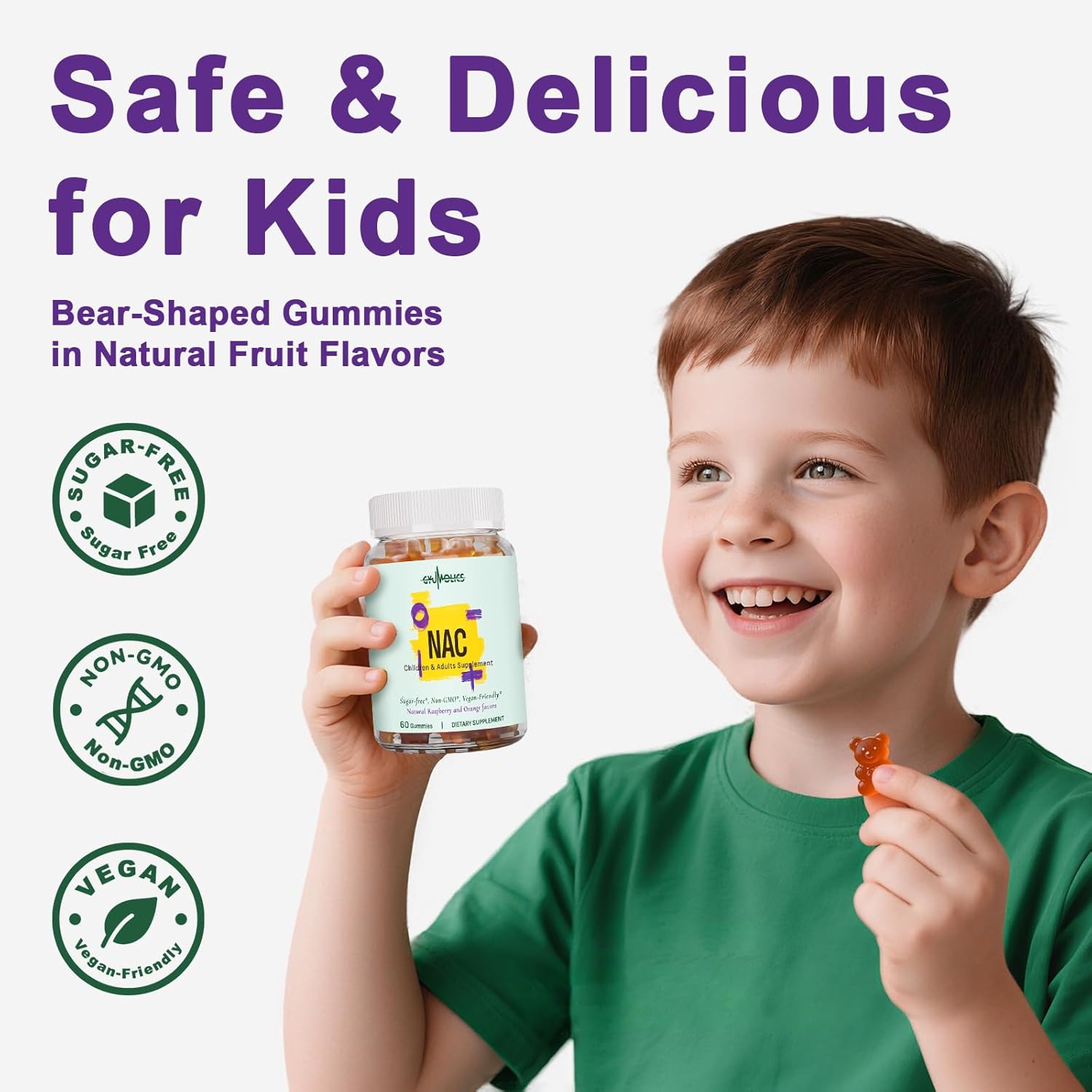 NAC Supplement 1000mg for Adults & 500mg for Kids, N-Acetyl Cysteine Ethyl Ester Gummies, Synergistic Antioxidant, Vegan, Sugar-Free 60 Gummies