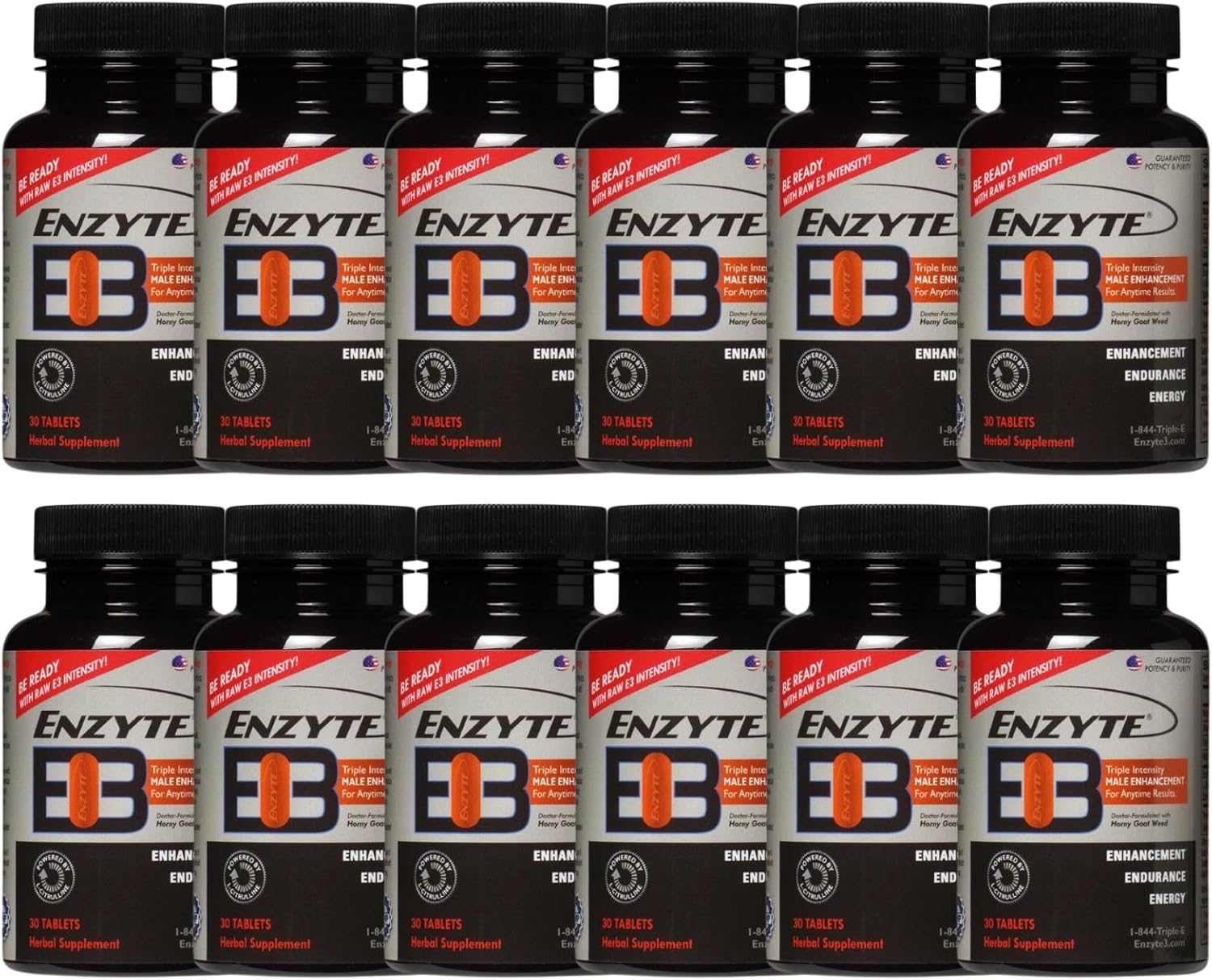 Enzyte3® Natural Male Enhancement Supplement for Energy and Endurance - L-Citrulline, Epimedium, Guarana Seed Extract, & Horny Goat Weed and More 30 Day Supply - 12 Pack Bundle