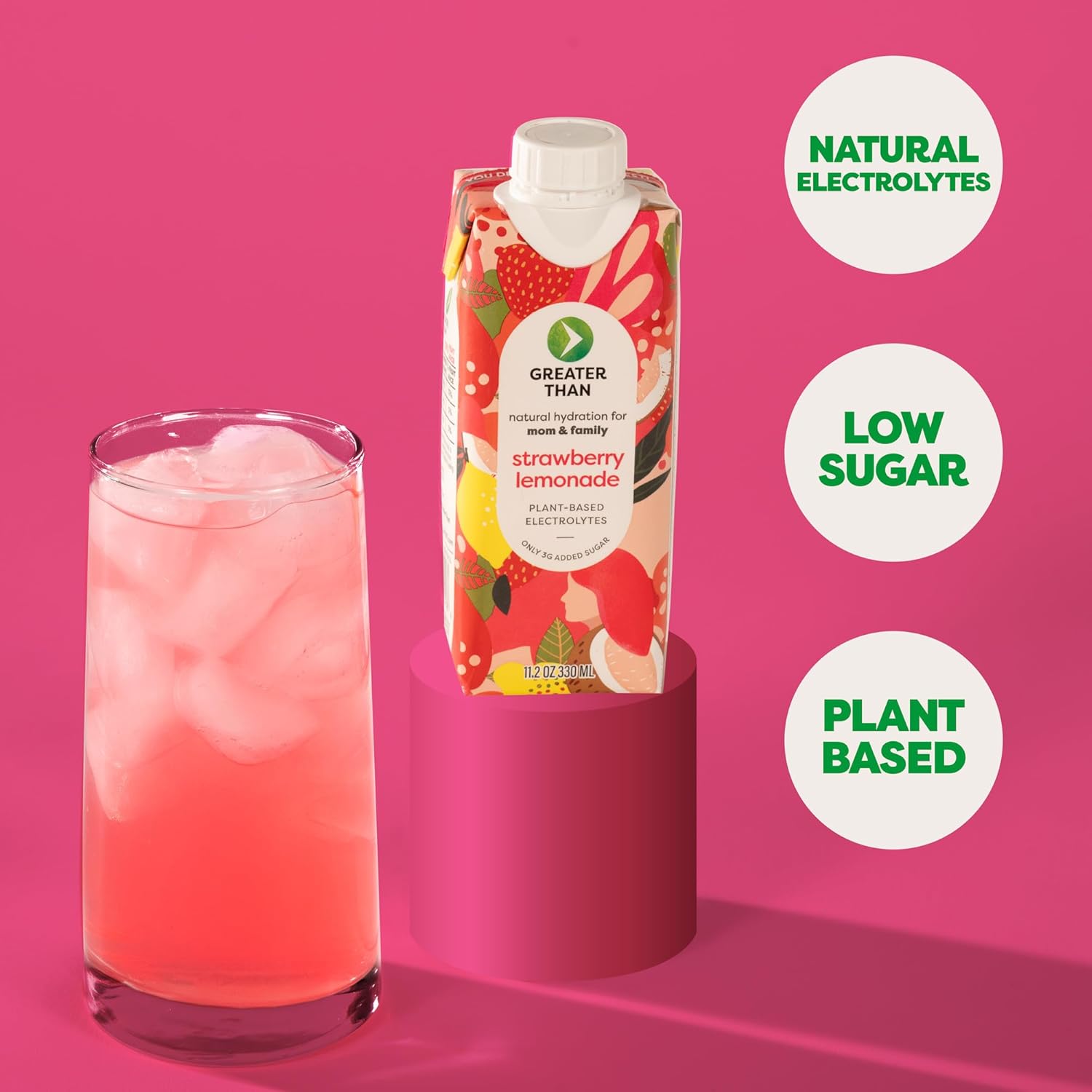Greater Than Nutrient Hydration Beverage, Electrolyte Drink for Gut Health & Energy with Coconut Water, Vitamins, Gluten Free, Plant Based, Low Sugar for Moms and Families, Strawberry Lemonade, 12 Pack
