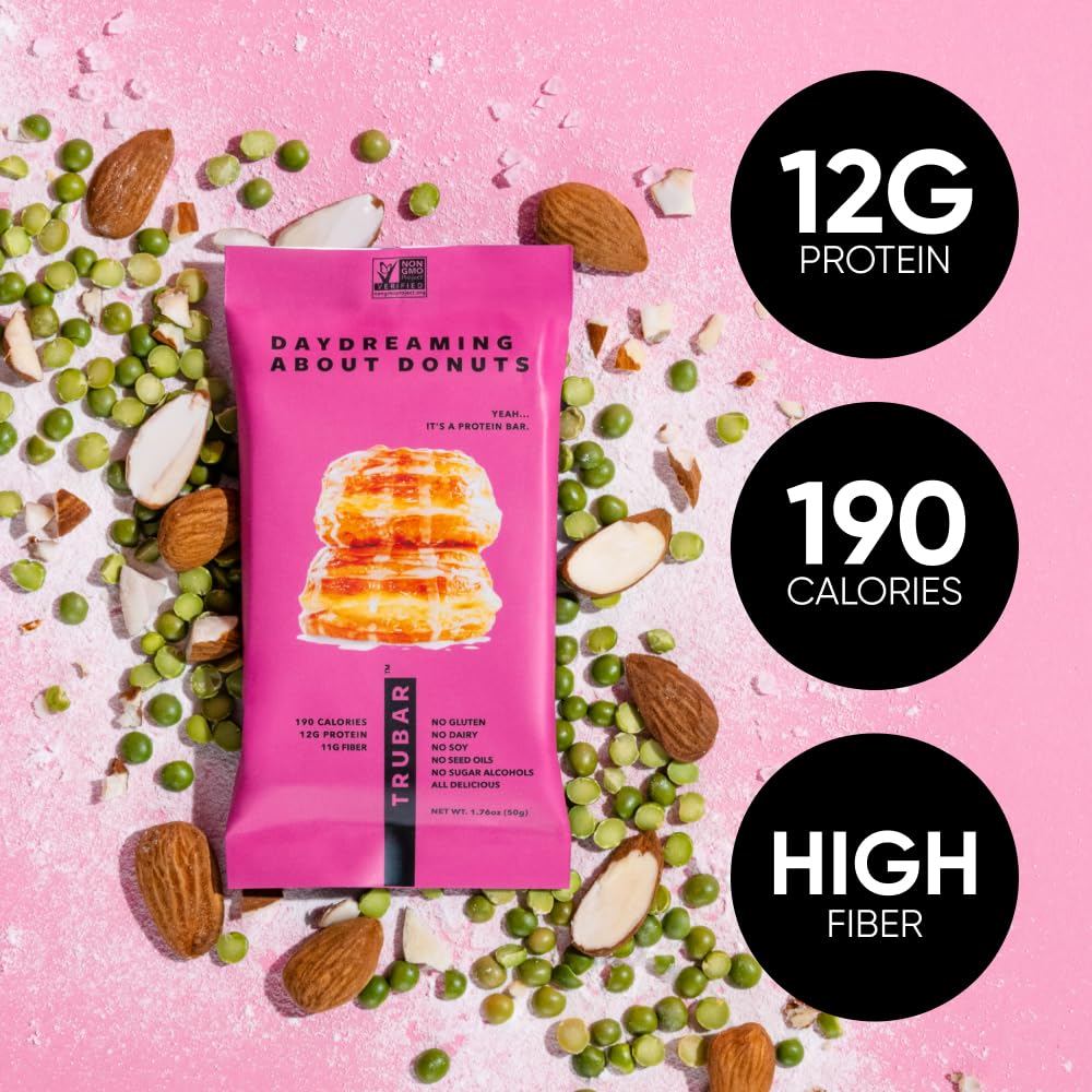 TRUBAR Vegan Protein Bar, Daydreaming About Donuts, Gluten Free, Plant Based, High Fiber, Dairy Free, Non GMO, Low Fat, No Sugar Alcohols, 12G Lean Protein, 13G Fiber, Healthy Snack Bars, 12 CT