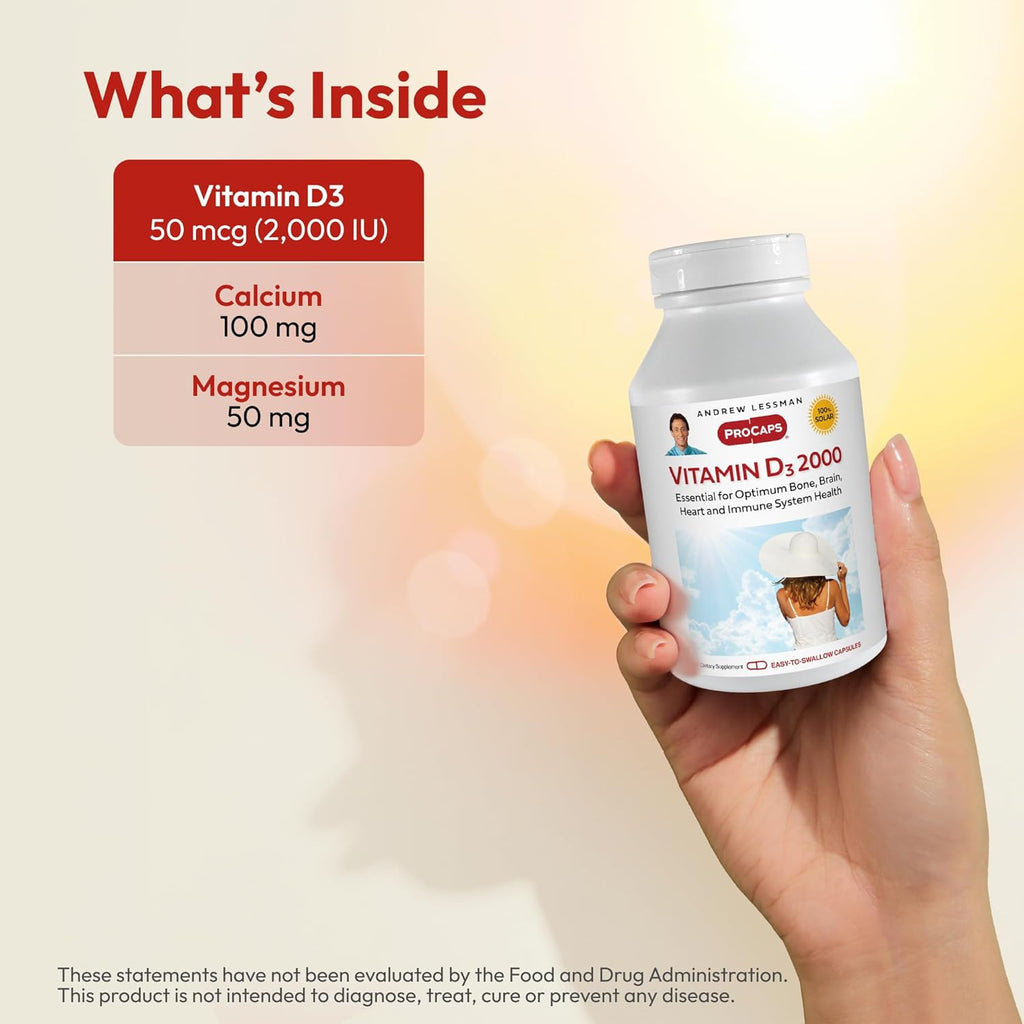 ANDREW LESSMAN Vitamin D3 2000 IU 60 Capsules - High Potency, Essential for Calcium Absorption, Supports Bone Health, Healthy Muscle Function, Immune System, More. Small Easy to Swallow Capsules