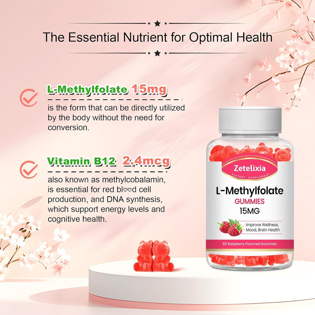 L-Methylfolate 15mg & Methyl B12 Gummies, Folate Supplement for Brain Health, Mood & Immunity, DNA Synthesis & Repair, Sugar Free, Vegan, Raspberry Flavor, 60 Count