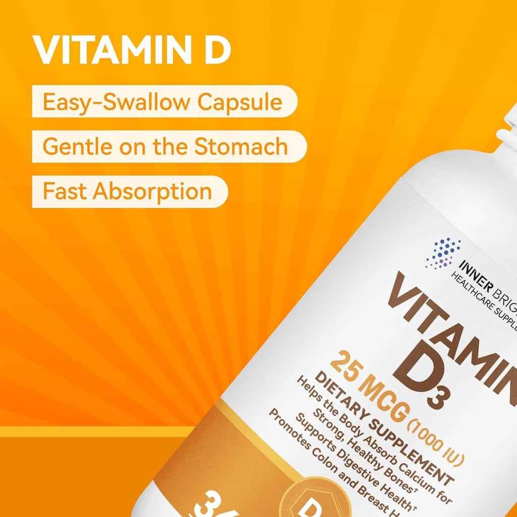 Vitamin D3 1000 IU (25 mcg) Softgels, Bone, Immune & Digestive Health Support, Gluten Free, No Artificial Additives, 360 Count, 360 Day Supply
