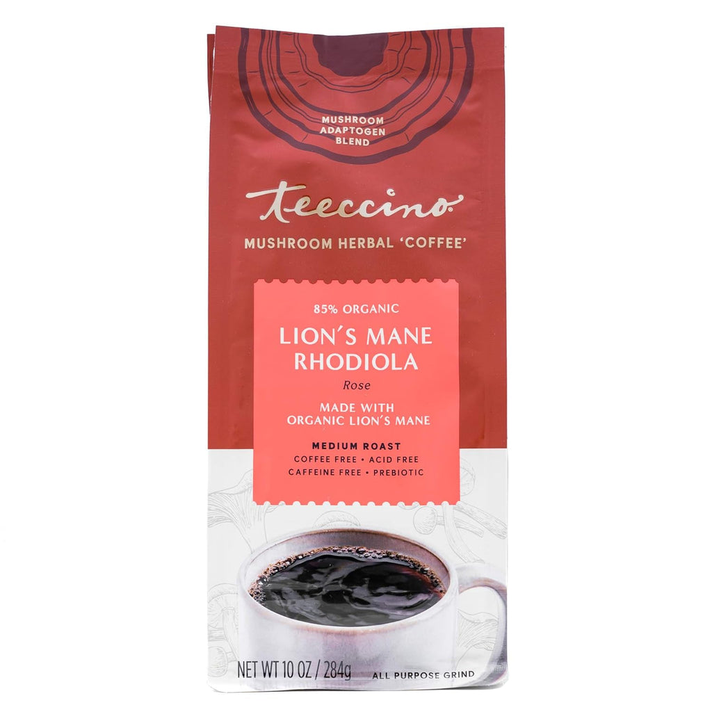Teeccino Lion’s Mane Rhodiola Coffee Alternative - Rose - Adaptogenic Herbal Mushroom Coffee, Medium Roast, Caffeine Free, Prebiotic, Acid Free, All-Purpose Grind - 10 Oz