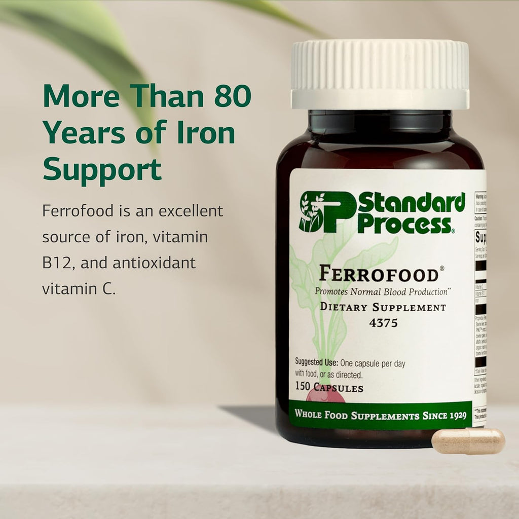 Standard Process Ferrofood - Blood Health Supplement - Enzyme Support with Vitamins B12, C, & Iron - Non-Dairy & Non-Soy - 150 Capsules (40 Servings)