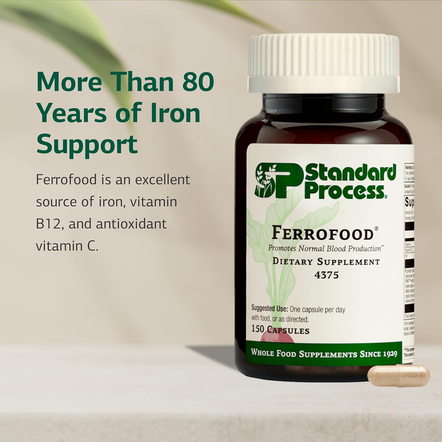 Standard Process Ferrofood - Blood Health Supplement - Enzyme Support with Vitamins B12, C, & Iron - Non-Dairy & Non-Soy - 150 Capsules (40 Servings)