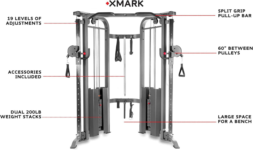XMARK Functional Trainer with Dual Weight Stacks, All-in-One Cable Machine & Crossover for Full Body Strength Training at Home or Garage Gym