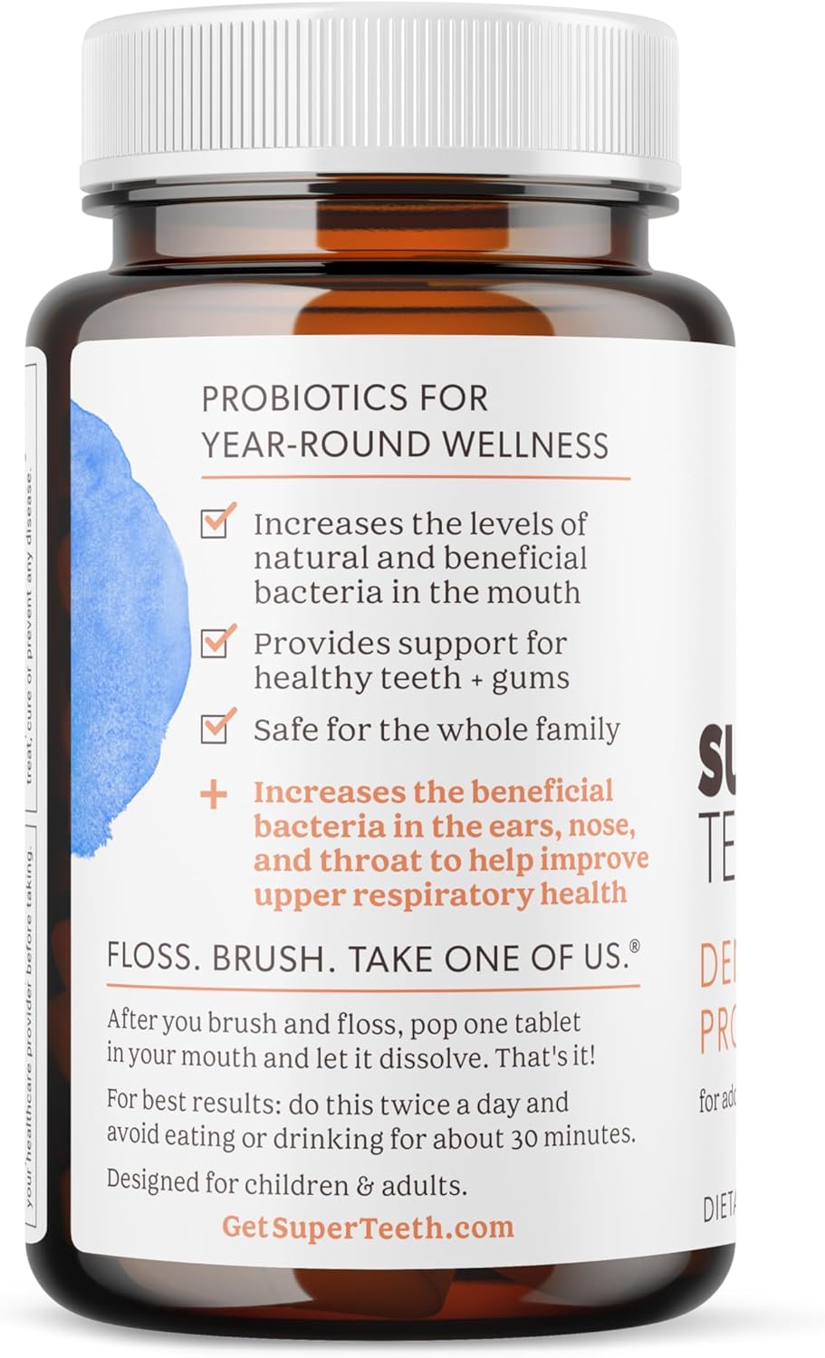 Super Teeth ENT Probiotic | BLIS K12 & M18 Probiotics | for Oral Microbiome Health & Sinus, Throat & Immune Support | 60 Natural Peach Flavored Chewable Tablets | Dental Probiotic