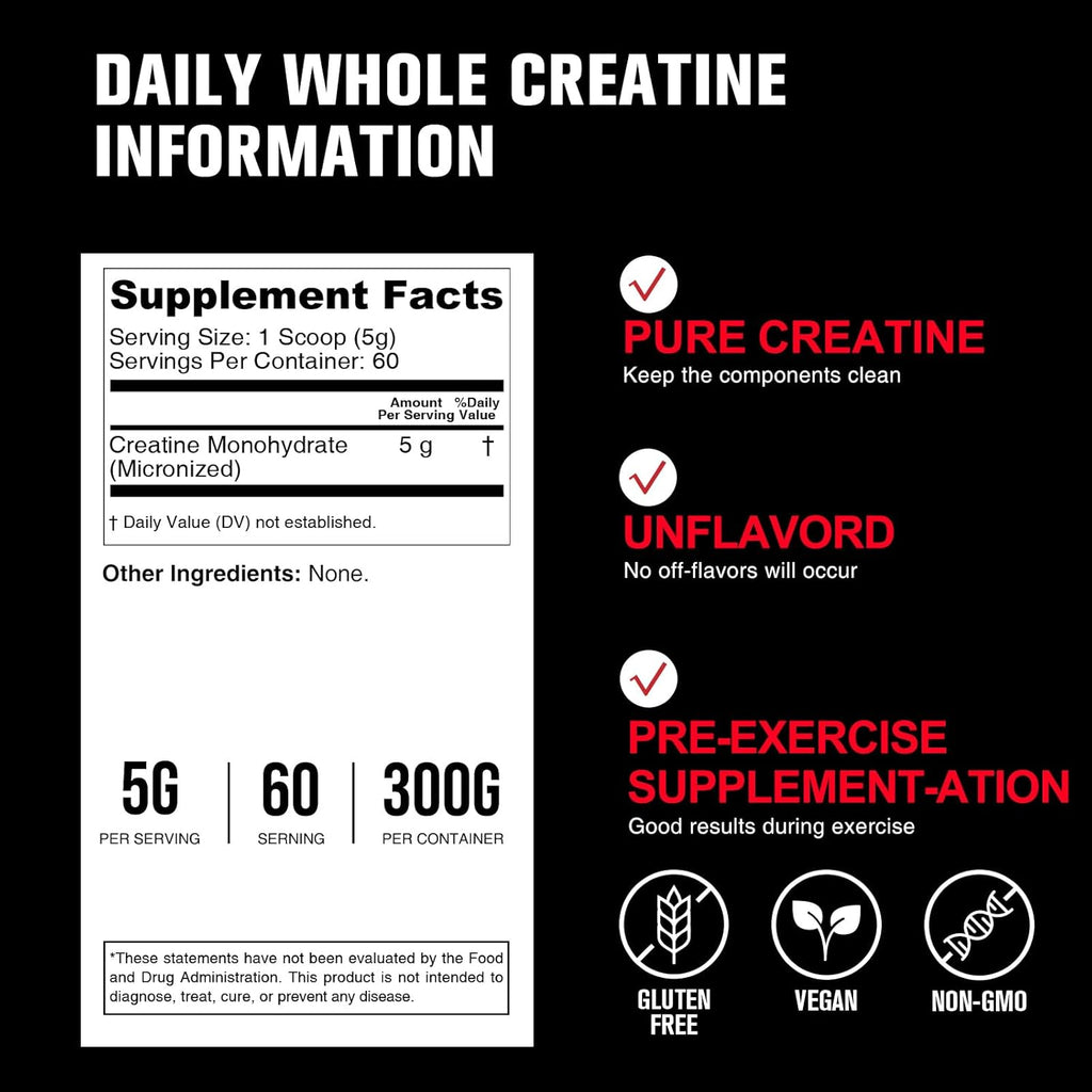 5000mg Creatine Monohydrate Micronized Powder, Pure Unflavored Micronized Creatine Monohydrate 300g (60 Servings) Nutritional Supplements for Men & Women Sugar-Free,Vegan, Non-GMO with Scoop
