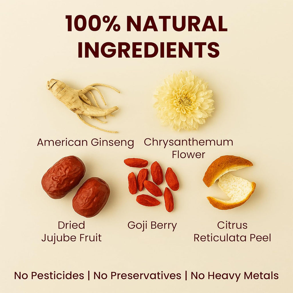 Five Element Herbal Tea Bags With American Ginseng, Chrysanthemum, Goji Berry, Jujube, And Citrus Peel | Herbal Blend For Immunity, Balance, And Vitality | 5 Count Wellness Tea Bags