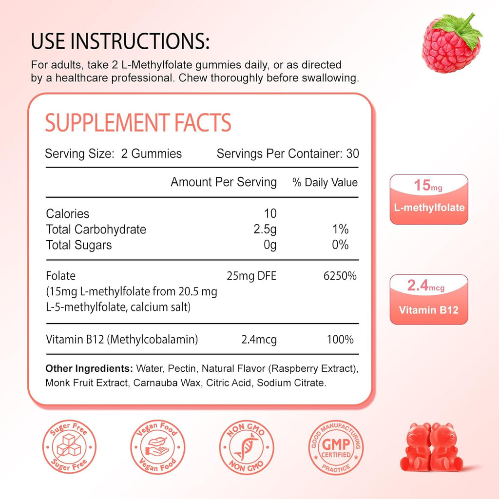 L-Methylfolate 15mg & Methyl B12 Gummies, Folate Supplement for Brain Health, Mood & Immunity, DNA Synthesis & Repair, Sugar Free, Vegan, Raspberry Flavor, 60 Count