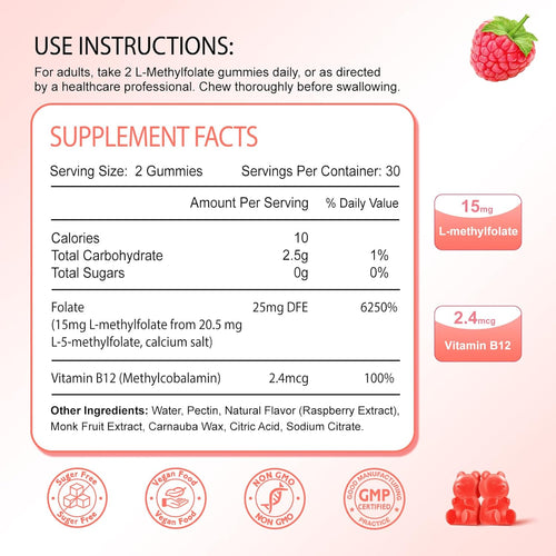 2 Pack L-Methylfolate 15mg & Methyl B12 Gummies, Folate Supplement for Brain Health, Mood & Immunity, DNA Synthesis & Repair, Sugar Free, Vegan, Raspberry Flavor, 120 Count