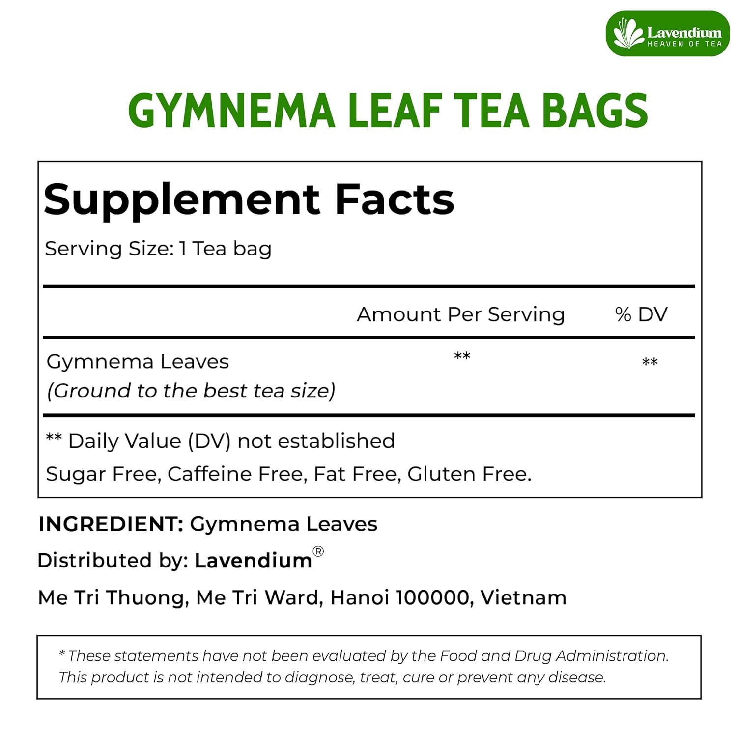 Lavendium, Premium 60 Gymnema Leaf Tea Bags, 100% Natural & Pure from Gymnema Leaves. Gymnema Tea Bags for Diabetics - COLD-DRIED for Maximum Freshness and Nutrient Retention. No Sugar, Vegan.