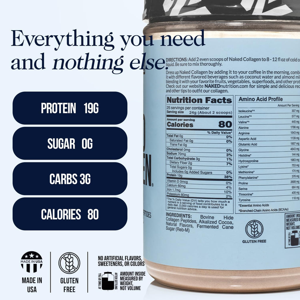 NAKED Chocolate Collagen Peptides Protein Powder, 24 Servings, Pasture-Raised, Grass-Fed Hydrolyzed Collagen Supplement, Paleo Friendly, Non-GMO, Keto, Gluten Free, 20oz