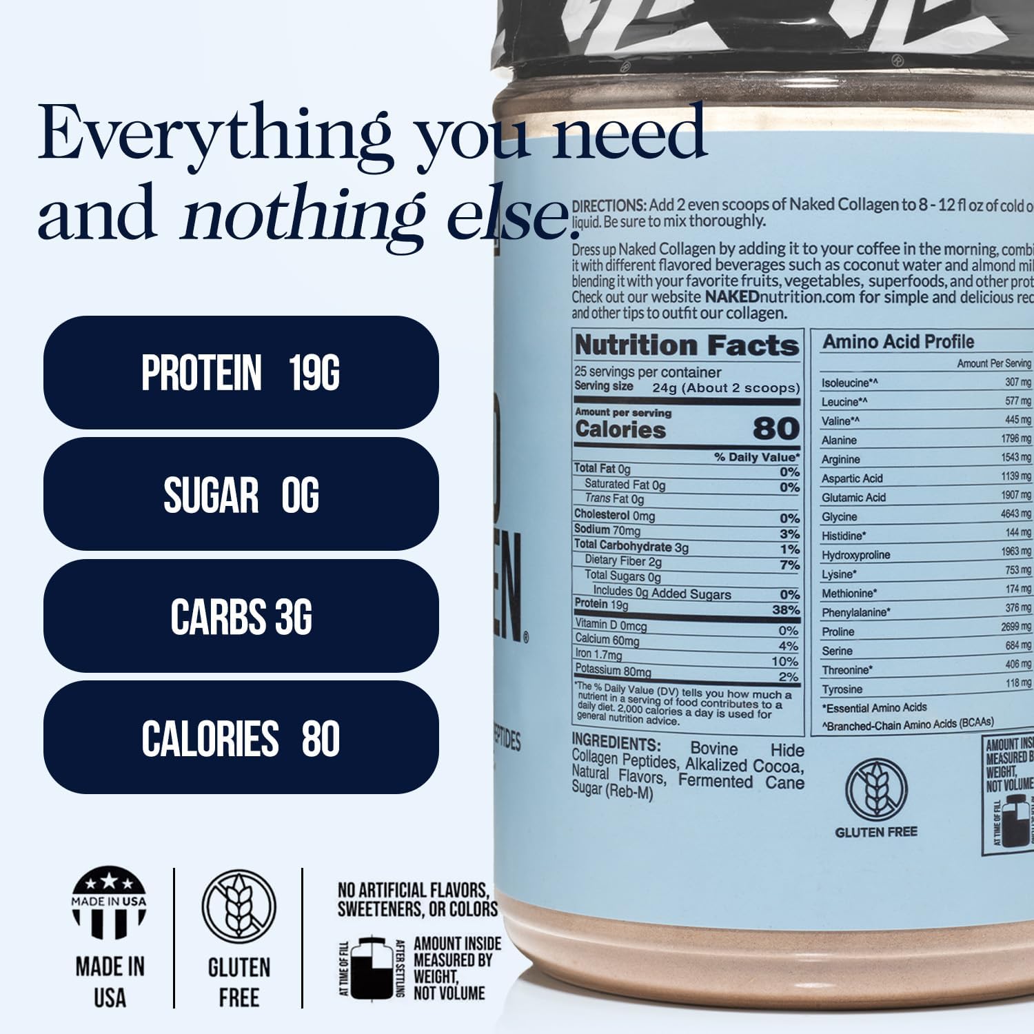 NAKED Chocolate Collagen Peptides Protein Powder, 24 Servings, Pasture-Raised, Grass-Fed Hydrolyzed Collagen Supplement, Paleo Friendly, Non-GMO, Keto, Gluten Free, 20oz