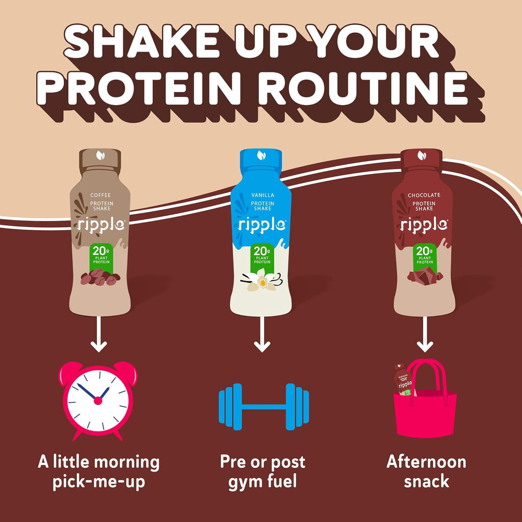 Ripple Vegan Protein Shake | Chocolate | 20g Nutritious Plant Based Pea Protein | Shelf Stable | No GMOs, Soy, Nut, Gluten, Lactose | 12 Oz, 12 Pack