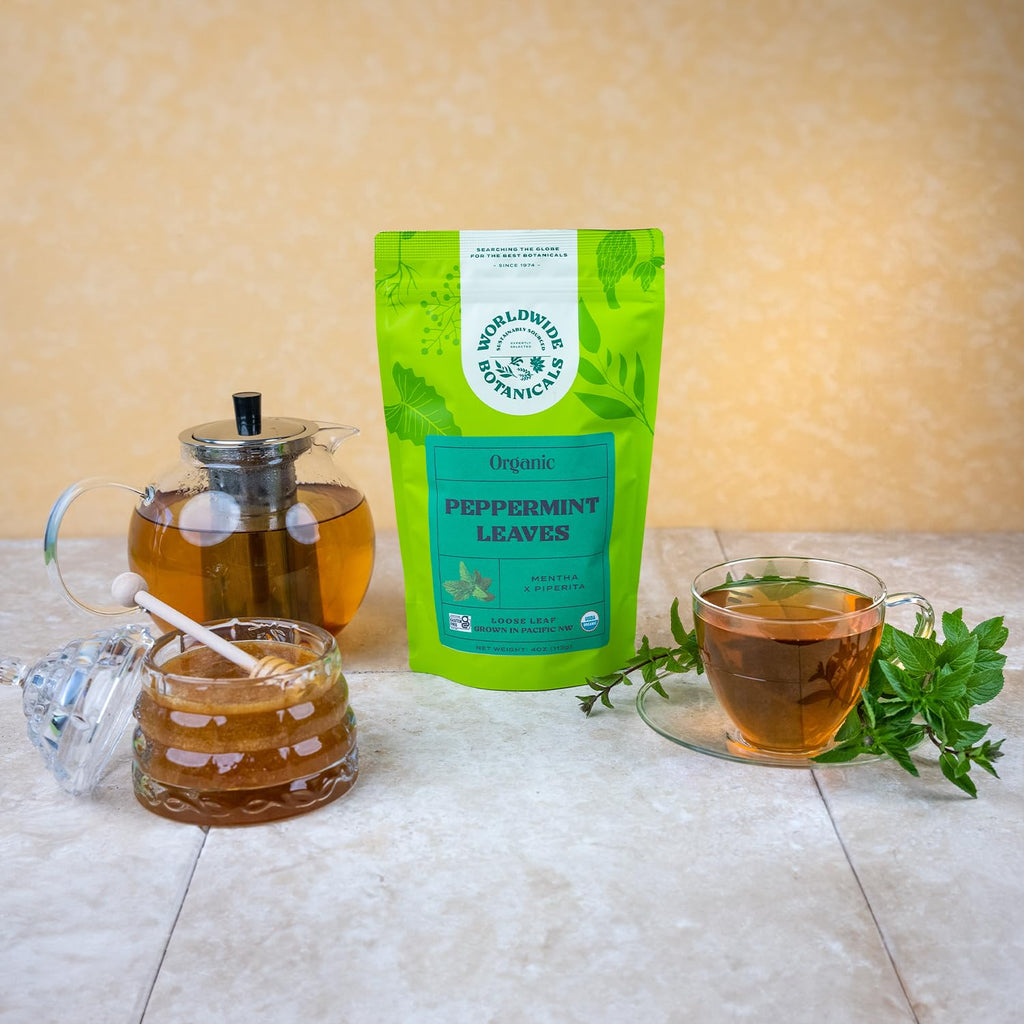 Worldwide Botanicals Organic Peppermint Loose Leaf Tea, 4 oz - Pacific Northwest Organic Cultivation, Highly Aromatic Digestive Tea, Antioxidant, Caffeine Free