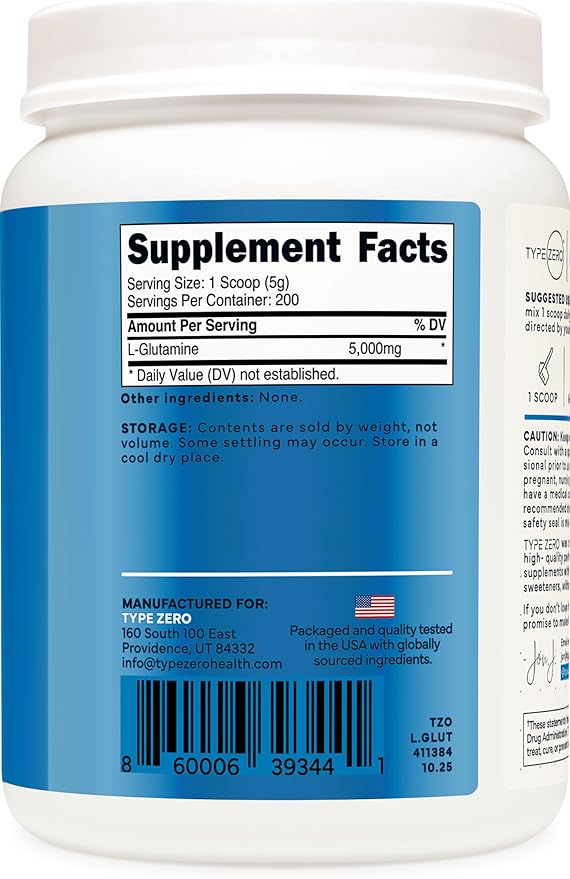 Type Zero L Glutamine Powder, 200 Servings of 5000mg - 6 Month Supply, for Gut Health, Gastrointestinal Lining Support & Recovery for Women/Men - Vegan, Gluten Free, No Fillers, Unflavored