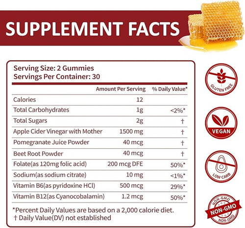 (1 Pack) Apple Cider Vinegar Gummies | Keto ACV Gummies for Supports Metabolism & Fat Burn with Vitamin B6 & B12 | ACV Supplement | Lemon Honey Flavor | 60 Vegan for Women and Men