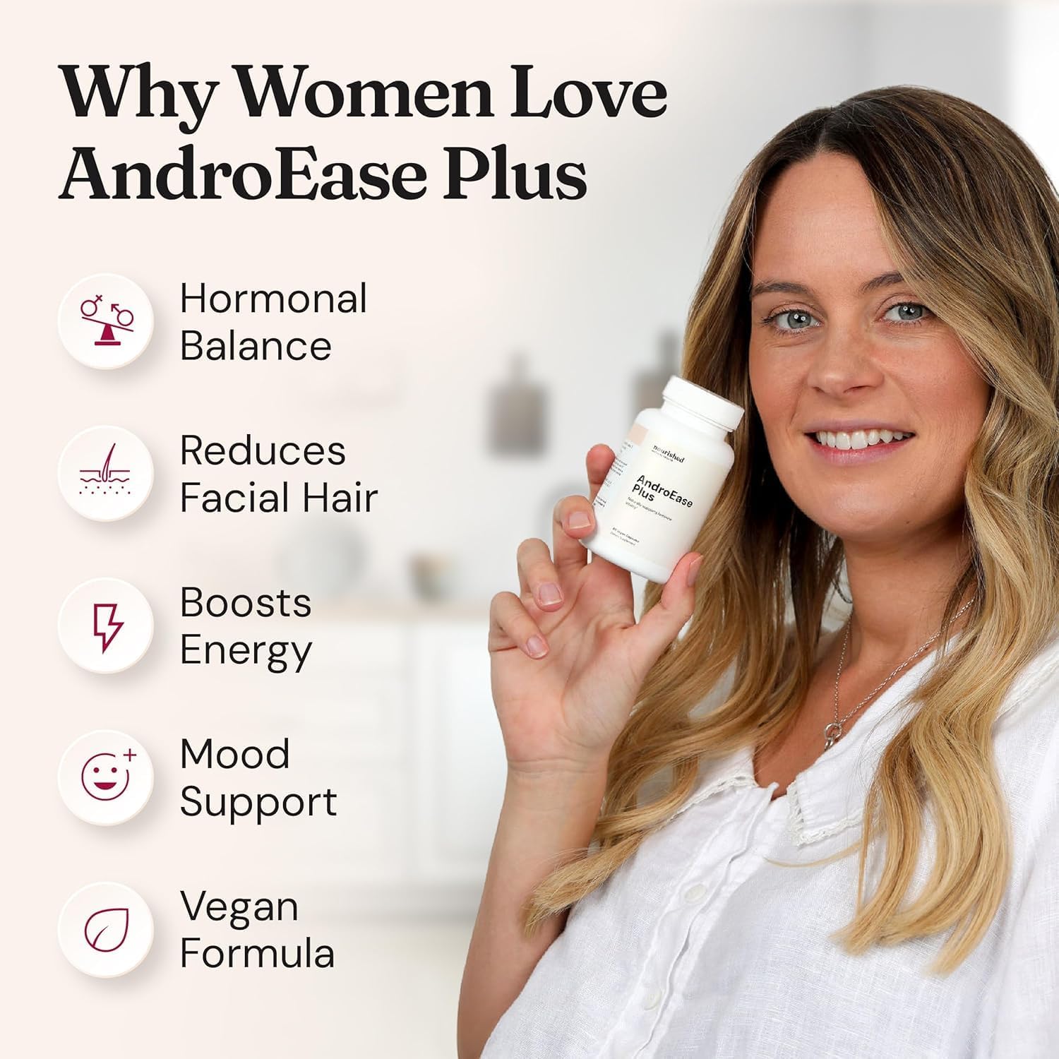 Nourished AndroEase Plus - Vegan Hormone Balance for Women - Zinc, Reishi, Green Tea and Saw Palmetto for Women - for Energy, Vitality, Facial Hair and Daily Wellness - 120 Capsules, Made in USA