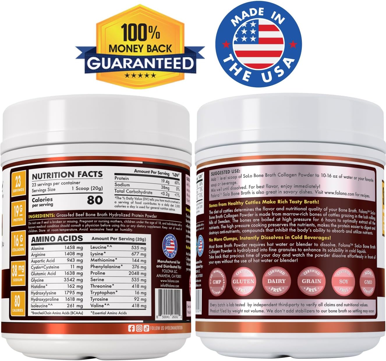 Solo Bone Broth Protein Collagen Powder Low Sodium, 16g Hydrolyzed Collagen Type I & III, for Healthy Skin, Nails, Hair, Joints & Digestion, Grass Fed, 1 lb (Canister - Net Wt. 1 lb. Powder)