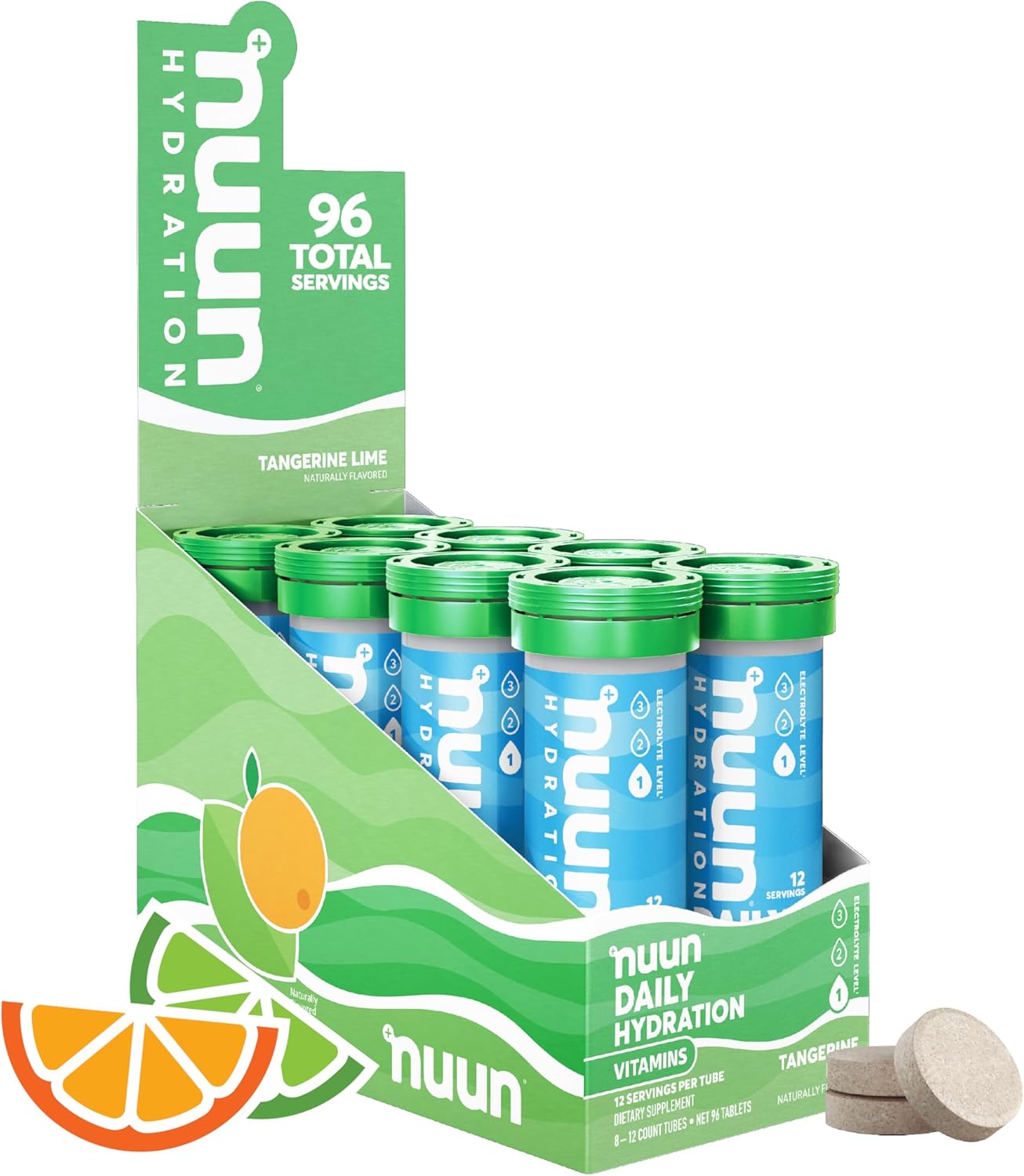 Nuun Vitamins Electrolyte Tablets with Vitamin D, C, E, A, & B6, Folic Acid, Magnesium & 4 Other Essential Electrolytes, Gluten Free & Vegan, Tangerine Lime, 8 Pack (96 Servings Total)