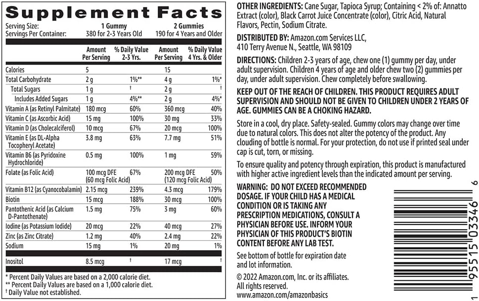 Amazon Basics Kids' Multivitamin Gummies, Cherry, Strawberry & Orange, 380 Count (2 Packs of 190) (2 per Serving) (Previously Solimo)