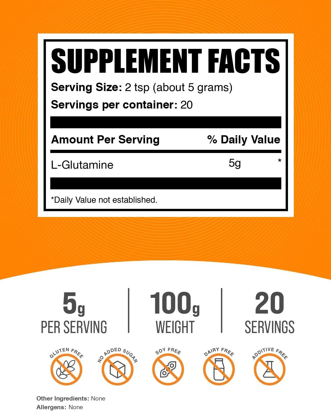 BulkSupplements.com L-Glutamine Powder - Glutamine Supplement, for Recovery & Gut Health - Unflavored & Gluten Free, 5g (5000mg) per Serving, 100g (3.5 oz) (Pack of 1)