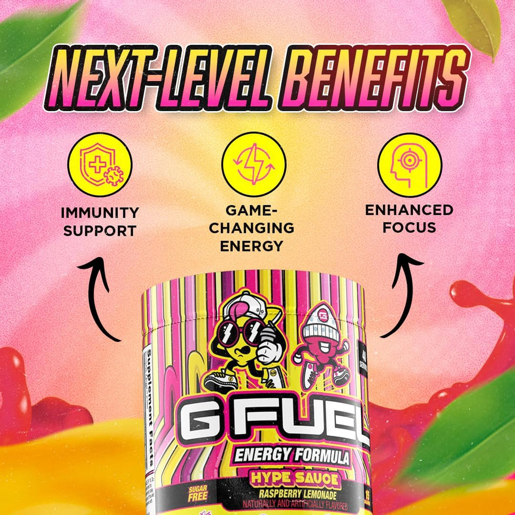 G Fuel Hype Sauce Energy Drink Powder, Pre Workout Caffeine Mix for Gaming, Sugar Free Focus Amino, Vitamin + Antioxidants, 9.9oz (Raspberry Lemonade, 40 Servings)