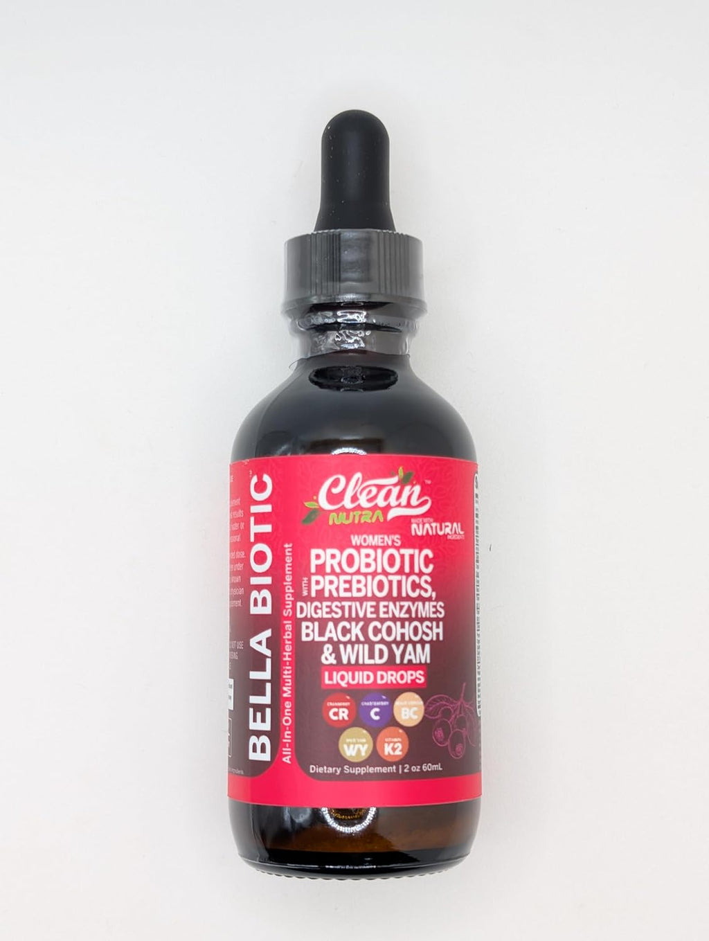 Liquid Probiotics for Women Drops with Chasteberry, Black Cohosh, Prebiotics, Digestive Enzymes, Evening Primrose Oil, Wild Yam, Cranberry Dmannose and Iron Vitamin D3 K2 Clean Nutra Bella Biotics (2)