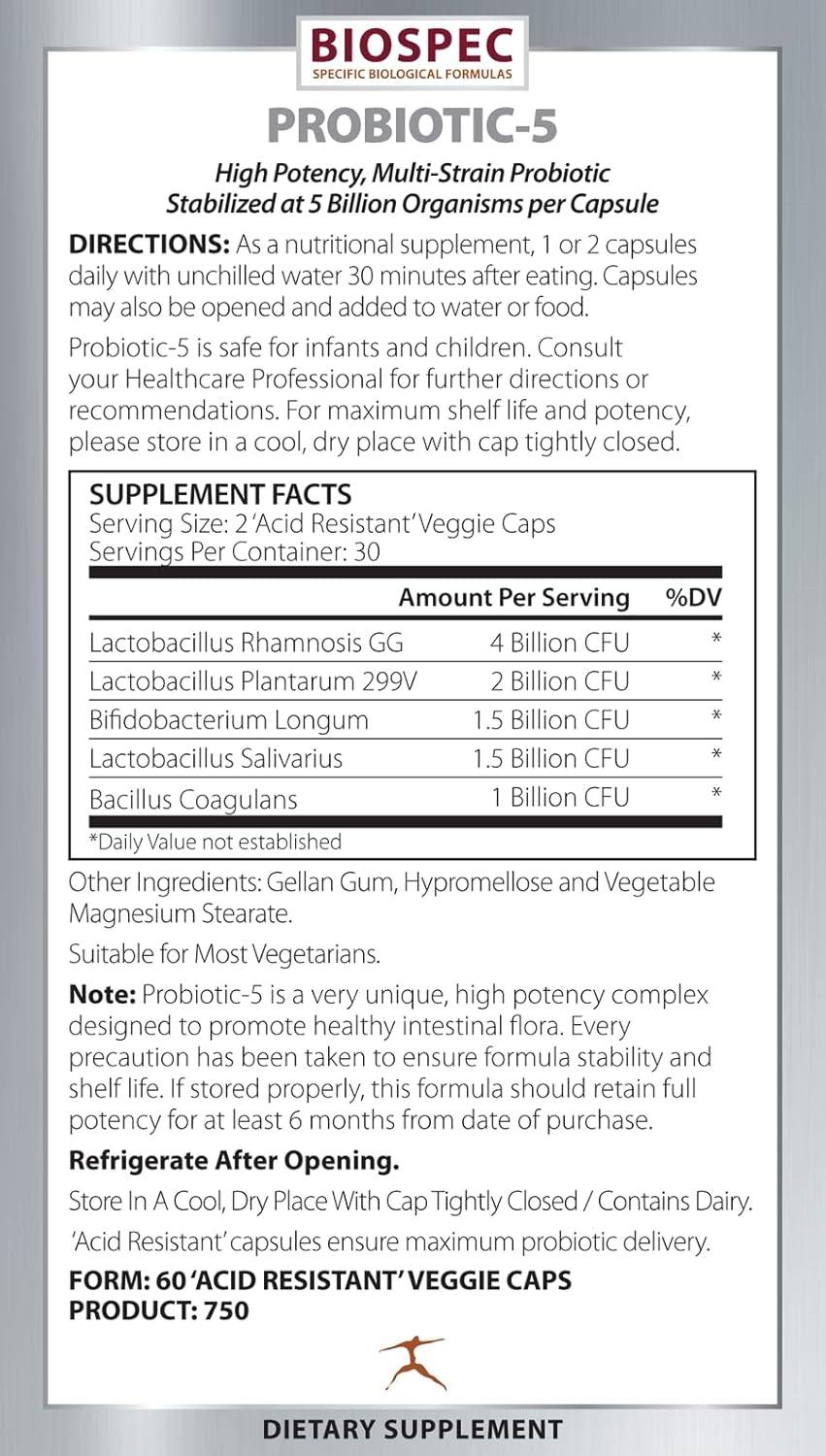 Probiotic-5 – Broad-Spectrum Probiotic Complex w/ 5 Billion Microorganisms and 5 Unique Probiotic Strains per Capsule.