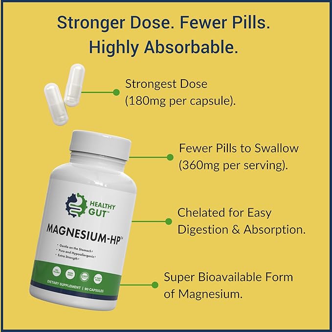 Healthy Gut Magnesium-HP | Ultra Pure Glycinate with Zero Fillers | 180 mg Magnesium Glycinate | 90 Servings