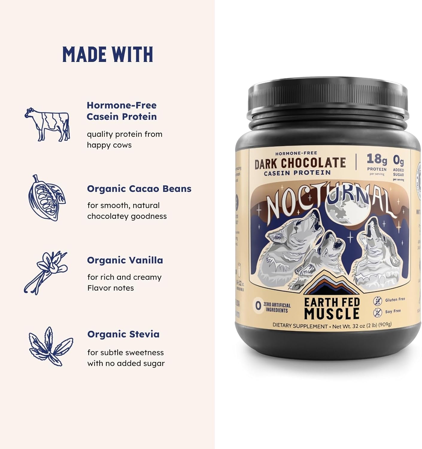 Earth Fed Muscle Nocturnal Casein Protein Powder – Dark Chocolate Protein Powder with Whey Blend – 18g Protein, Sugar Free, Gluten Free – Nighttime Recovery Protein Poweder – 2lb, 23 Servings